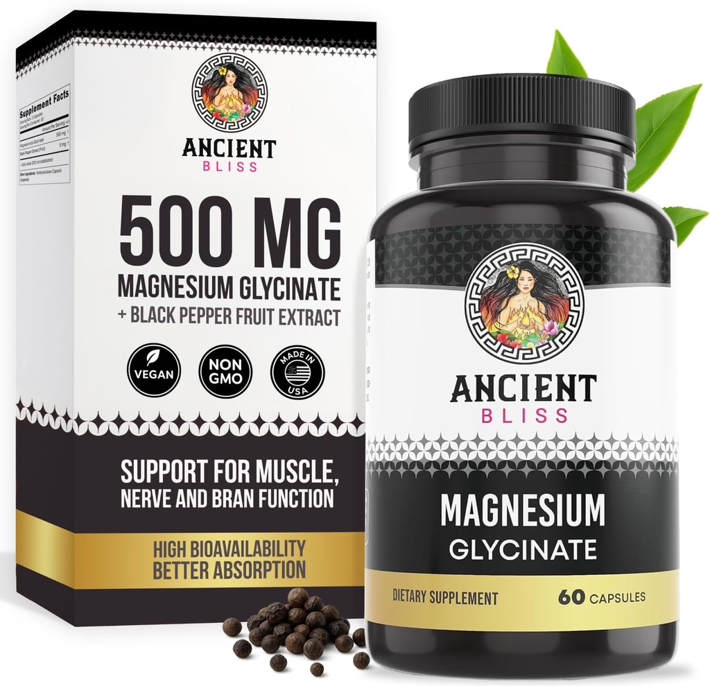 Ancient Bliss Magnesium Glycinate for Muscles & Nerves, Digestive & Immune Support Supplement, Magnesium Supplement for Women & Men (60 Capsules)