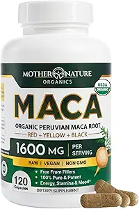 Mother Nature USDA Organic Maca Root Black + Red + Yellow Capsules Peruvian Maca for Men & Women 1600mg, Vegan Pills, Supports Mood, Hormonal Balance Reproduction & Energy (90ct)