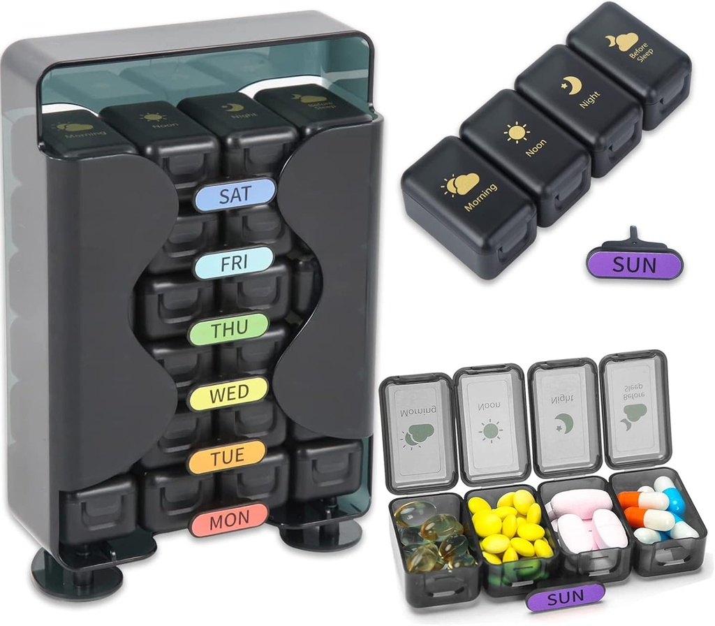 Weekly Pill Organizer 7 Day 4 Times a Day, Big Pill Box Organizer with Drawer Designed, Daily Pill Organizer to Hold Medicine, Medication, Vitamins and Fish Oils (Μαύρο)