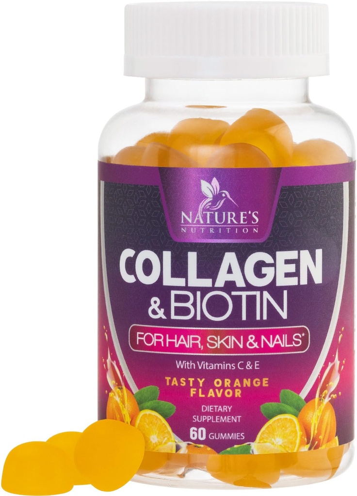 Κολλαγόνο Gummies με 2500mcg Βιοτίνη, Βιταμίνη C & Ψευδάργυρο - Υδρολυμένο Κολλαγόνο Peptide Τύπου 1 & 3 συμπλήρωμα - Advanced Hair, Skin & Nail Growth Support for Women & Men, Gluten Free, Non-GMO - 60 Count