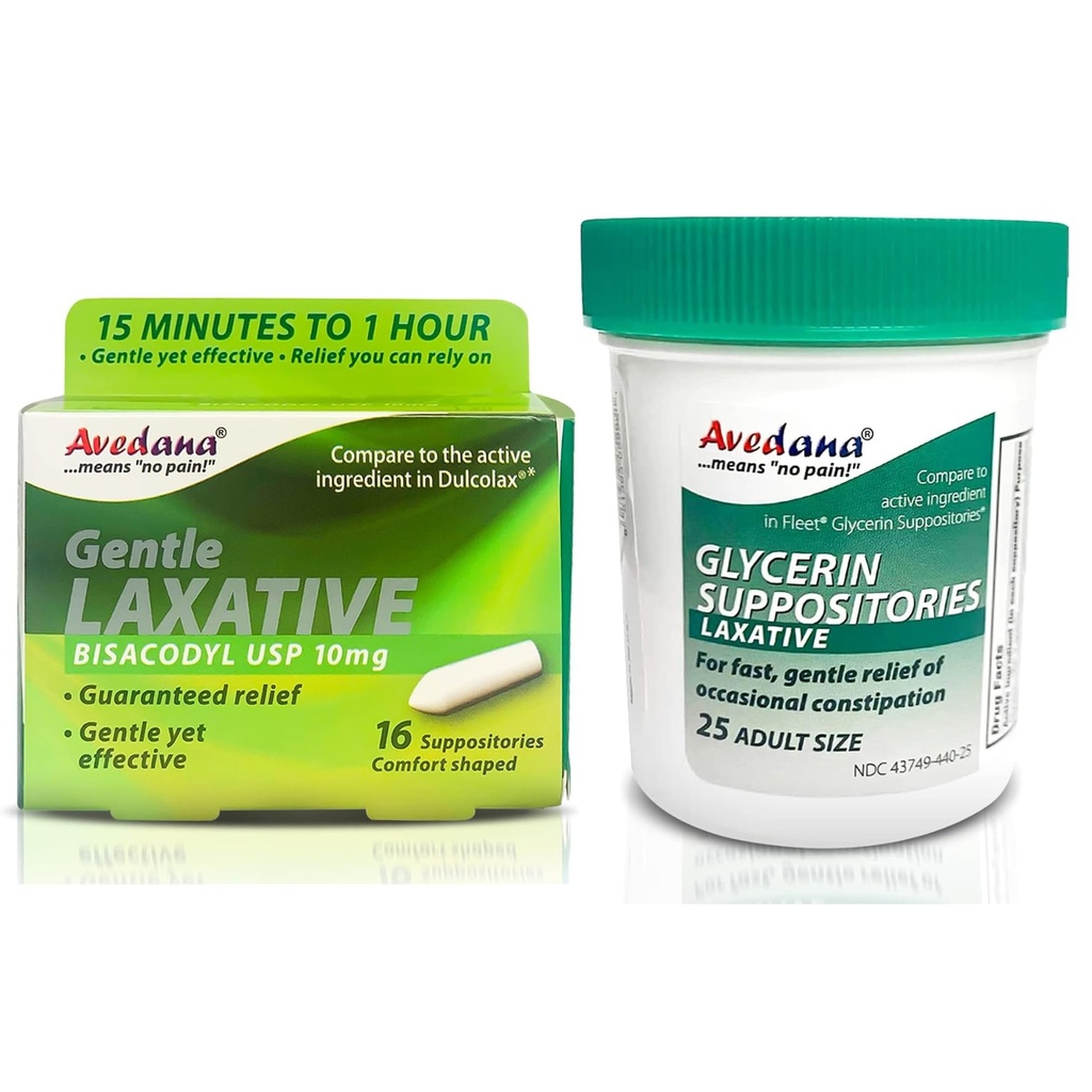 AVEDANA Constipation Relief Bundle - 25 Adult Glycerin Suppositories + 16 Bisacodyl Suppositories for Fast and Gentle Constipation Relief - Comfort Shape for Men and Women