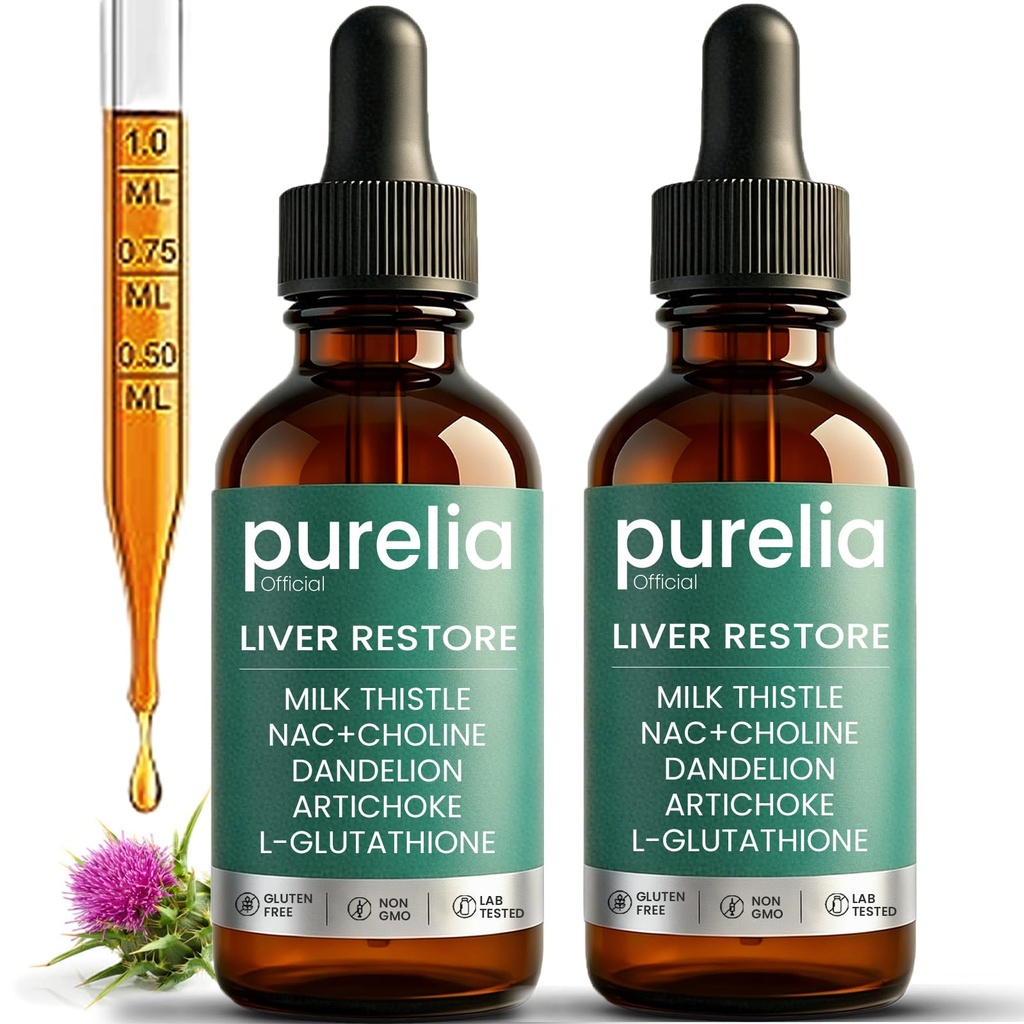 Liver Restore, Complete Liver Support | Milk Thistle, NAC + Choline, Dandelion, Artichoke, L-Glutathione | for Liver Cleanse & Repair - 2 FL.OZ (2PCS)