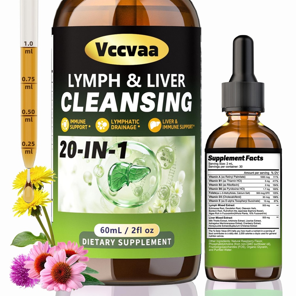 20+ Ingredients Lymph & Liver Cleanse Liquid Drops, Lymphatic Drainage Drops, Natural Herbal Complex with Milk Thistle, Echinacea, Fucoxanthin - Gentle Detox & Immune Support, 2 Fl Oz