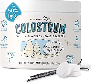 Legendairy Milk Colostrum Supplement - Premium Bovine Colostrum for Humans - 50% IgG Immunoglobulin for Immune Support & Gut Health - Energy & Muscle Recovery - Βανίλια Μασώμενα δισκία, 30