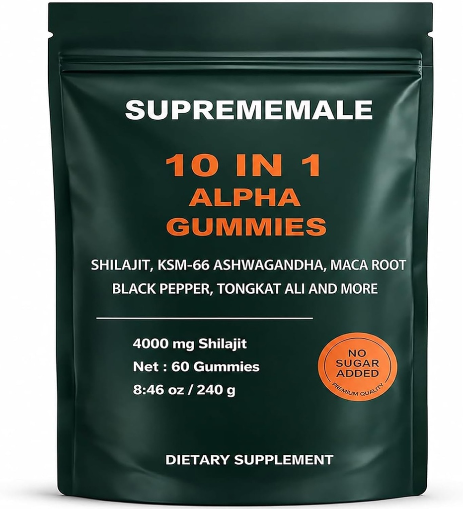 Supreme Male 10 in 1 Alpha Gummies, Herbal Performance Blend with Shilajit, Ashwagandha, Tongkat Ali & Black Musli, Upports Daily Energy, Stamina & Male Wellness, Sugar-Free, Vegan | 60 Gummies