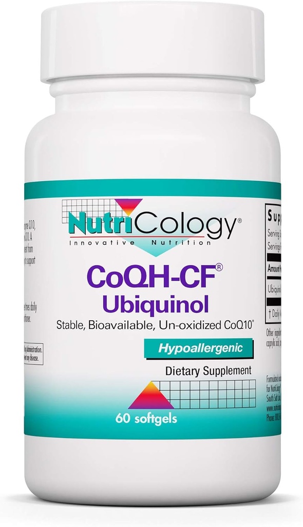 Nutricology CoQH-CF Ubiquinol 100mg Supplement - Un-Oxidized CoQ10, Supports Cardiovascular Health, Immune System Support, Stable, Bioavailable, Softgels - 60 Count