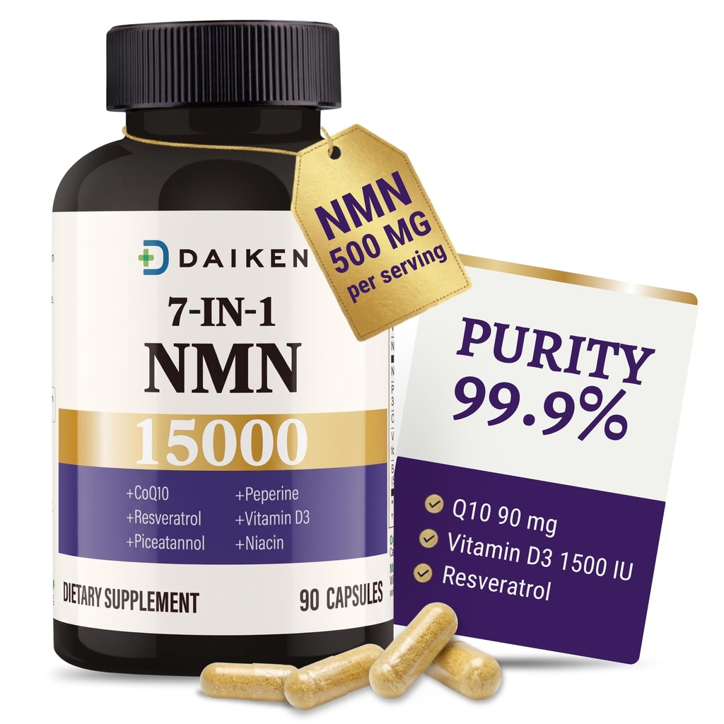 DAIKEN NMN 15000 Advanced Formula, 500mg β-Nicotinamide Mononucleotide with Niacinamide, CoQ10 & Resveratrol, Non-GMO - 90 Veggie Capsules (90 Count (Pack of 1))