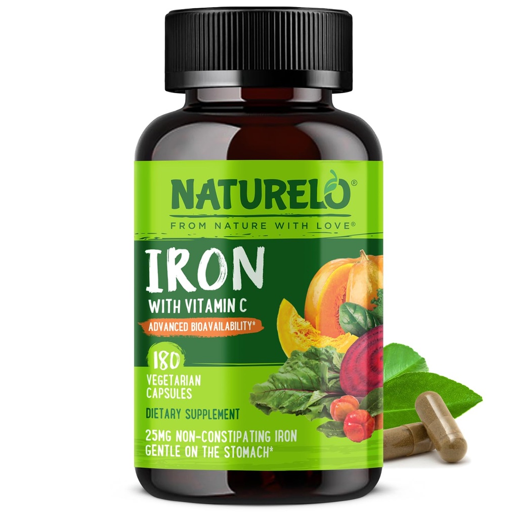 NATURELO Vegan Iron Supplement with Vitamin C and Organic Whole Foods - Απαλά Χάπια σιδήρου για γυναίκες & άνδρες με έλλειψη σιδήρου Συμπεριλαμβανομένης της εγκυμοσύνης, της αναιμίας και Vegan Diets - 180 Mini Capsles