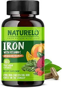 NATURELO Vegan Iron Supplement with Vitamin C and Organic Whole Foods - Απαλά Χάπια σιδήρου για γυναίκες & άνδρες με έλλειψη σιδήρου Συμπεριλαμβανομένης της εγκυμοσύνης, της αναιμίας και Vegan Diets - 180 Mini Capsles