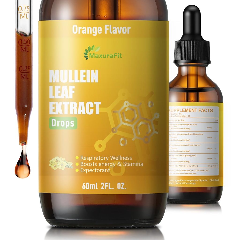 Mullein Drops for Lungs Liquid - Support Respiratory Herbal Supplement,Mullein Leaf Extract for Lungs Cleanse with Cordyceps, Marshmallow Root & Licorice Root Extract 2 fl oz