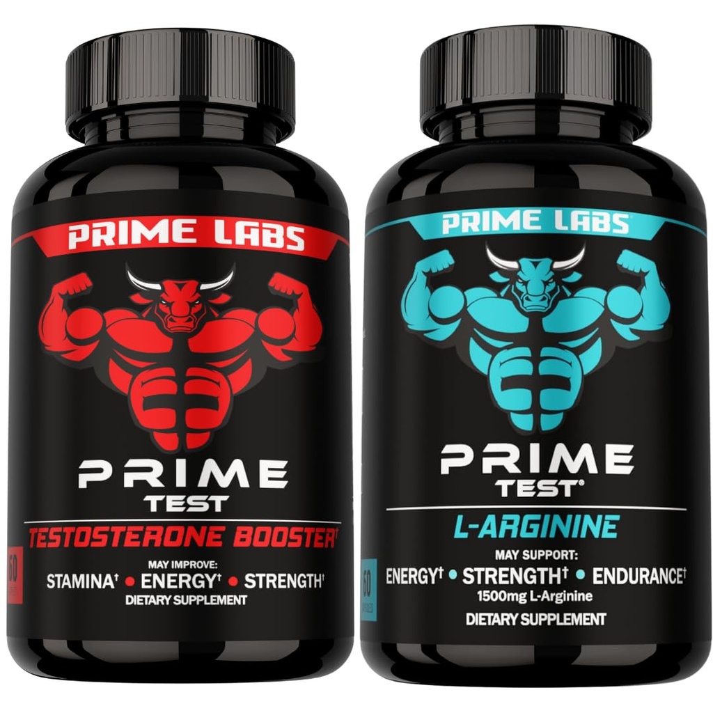 Prime Labs Prime Test Testrosterone Booster + L Arginine Nitric Oxide Capses - 60 Count Each