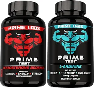 Prime Labs Prime Test Testosterone Booster + L Arginine Nitric Oxide Capsules - 60 Count Each