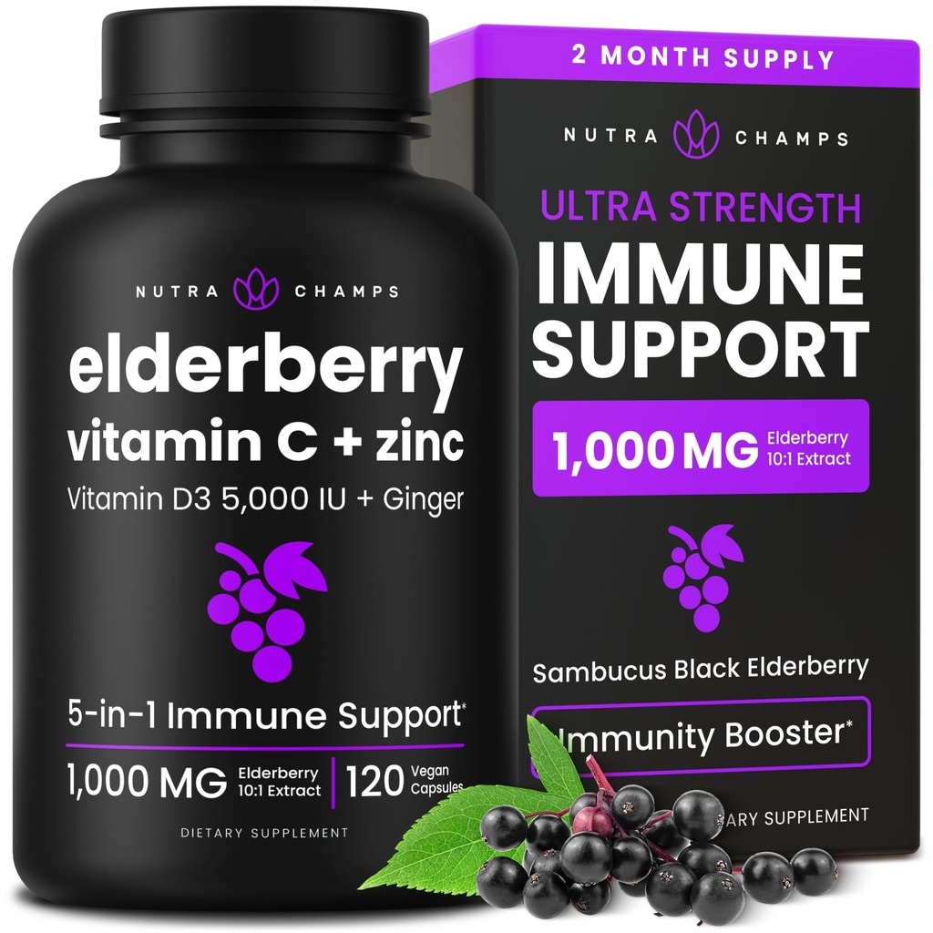 NutraChamps Elderberry με βιταμίνη C και ψευδάργυρο - 5 σε 1 συμπλήρωμα ανοσίας, 10.000mg Sambucus κάψουλες Black Elderberry με βιταμίνη D3 5000 IU, Sambucus Elderberry Extract Ανοσοποιητική Υποστήριξη για Ενήλικες