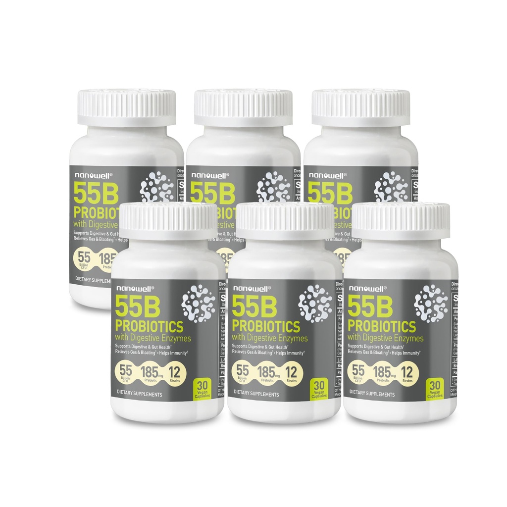 NANOWELL 55B Probiotics with Digestive Enzymes for Immune Support & Gut Health - 55 Billion CFU, 12 Strain, 185 mg Prebiotic - Relieves Gas & Bloating - 30 Vegan Capsules x 6 Bottles (180 Count)