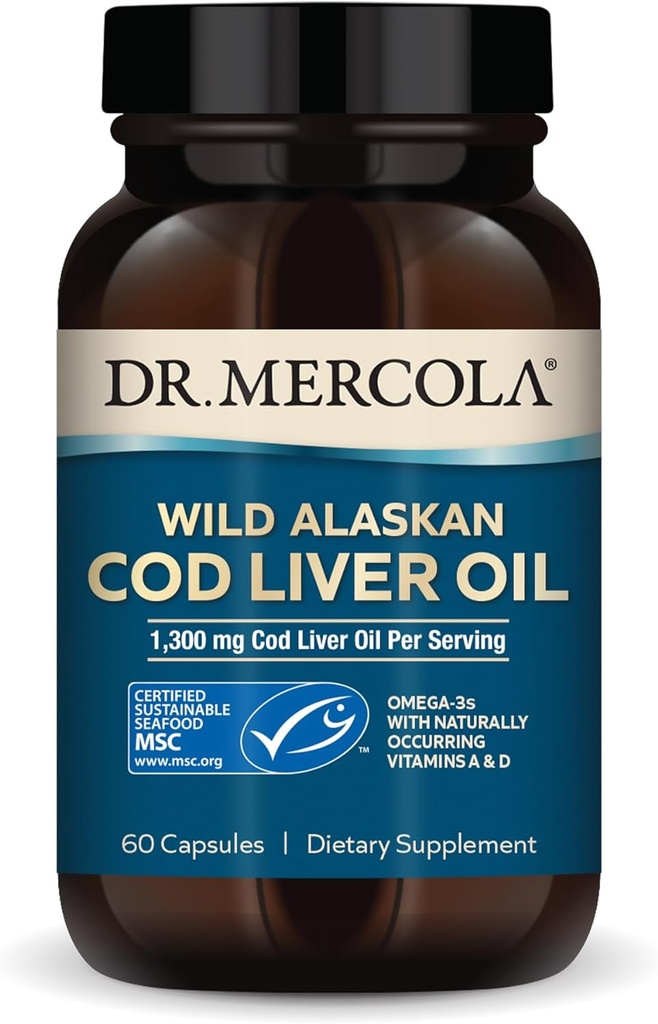 Dr. Mercola Cod Liver Oil, 1.300 mg ανά υπηρεσία, 30 υπηρεσίες (60 κάψουλες), συμπλήρωμα διατροφής, υποστηρίζει τον εγκέφαλο, οστά και κοινή υγεία, μη GMO, MSC Certified