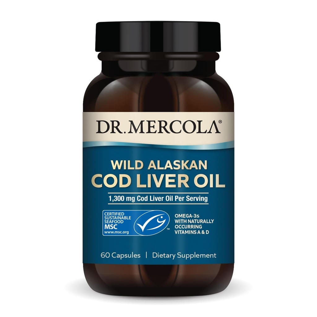 Dr. Mercola Cod Liver Oil, 1.300 mg ανά υπηρεσία, 30 υπηρεσίες (60 κάψουλες), συμπλήρωμα διατροφής, υποστηρίζει τον εγκέφαλο, οστά και κοινή υγεία, μη GMO, MSC Certified