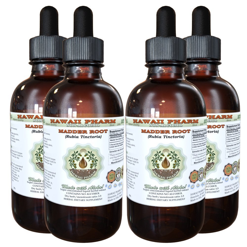 Madder Root Alcohol-Free Liquid Extract, Madder Root (Rubia Tinctoria) Dried Root Glycerite Natural Herbal Supplement, Hawaii Pharm, USA 4x4 oz