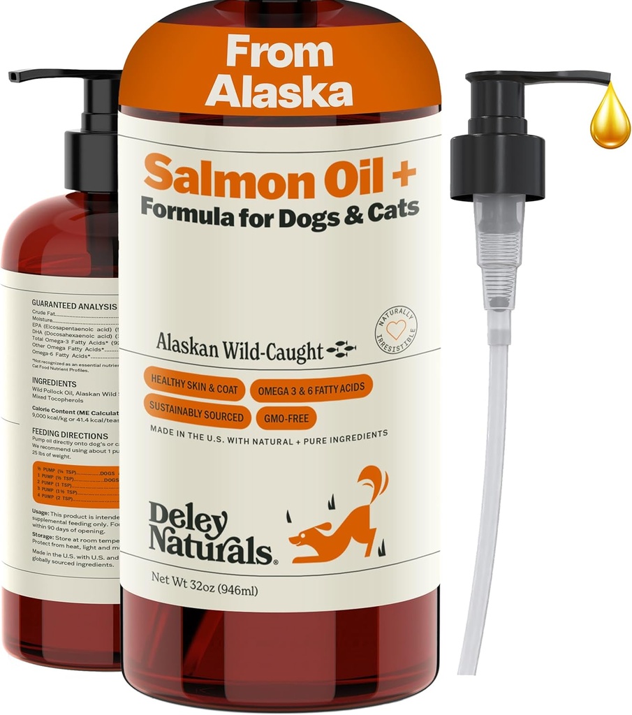Deley Naturals Wild Alaska Salmon Oil for Dogs - Νέο & βελτιωμένο λάδι σολομού Plus Formula - ιχθυέλαιο για σκύλους με DHA EPA Ωμέγα 3 & 6 λιπαρά οξέα - Ωμέγα 3 ιχθυέλαιο για δέρμα & παλτό - 32oz Made in USA