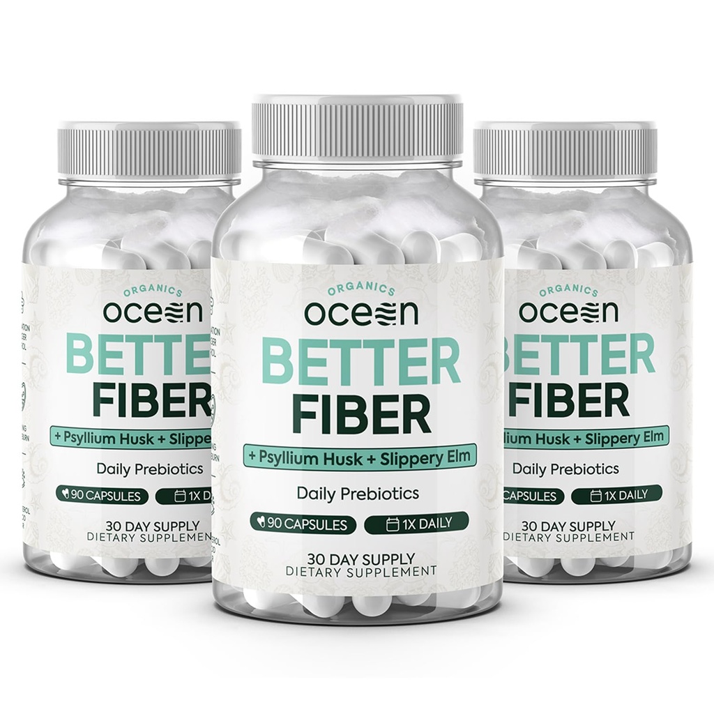 Organics Ocean Better Fiber - Daily Fiber Supplement - Soften Stool for Accessless Bowel Movies - with Psyllium Hulk and Slippery Elm - 3 Μπουκάλια