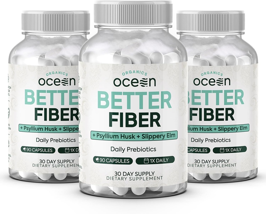 Organics Ocean Better Fiber - Daily Fiber Supplement - Soften Stool for Effortless Bowel Movements - with Psyllium Hulk and Slippery Elm - 3 Bottles