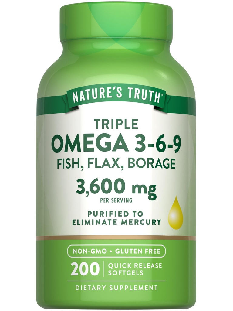 Nature's Truth Triple Omega 3 6 9 | 3600mg | 200 Softgels | Fish, Flax and Borage Oils | Non-GMO & Gluten Free Supplement