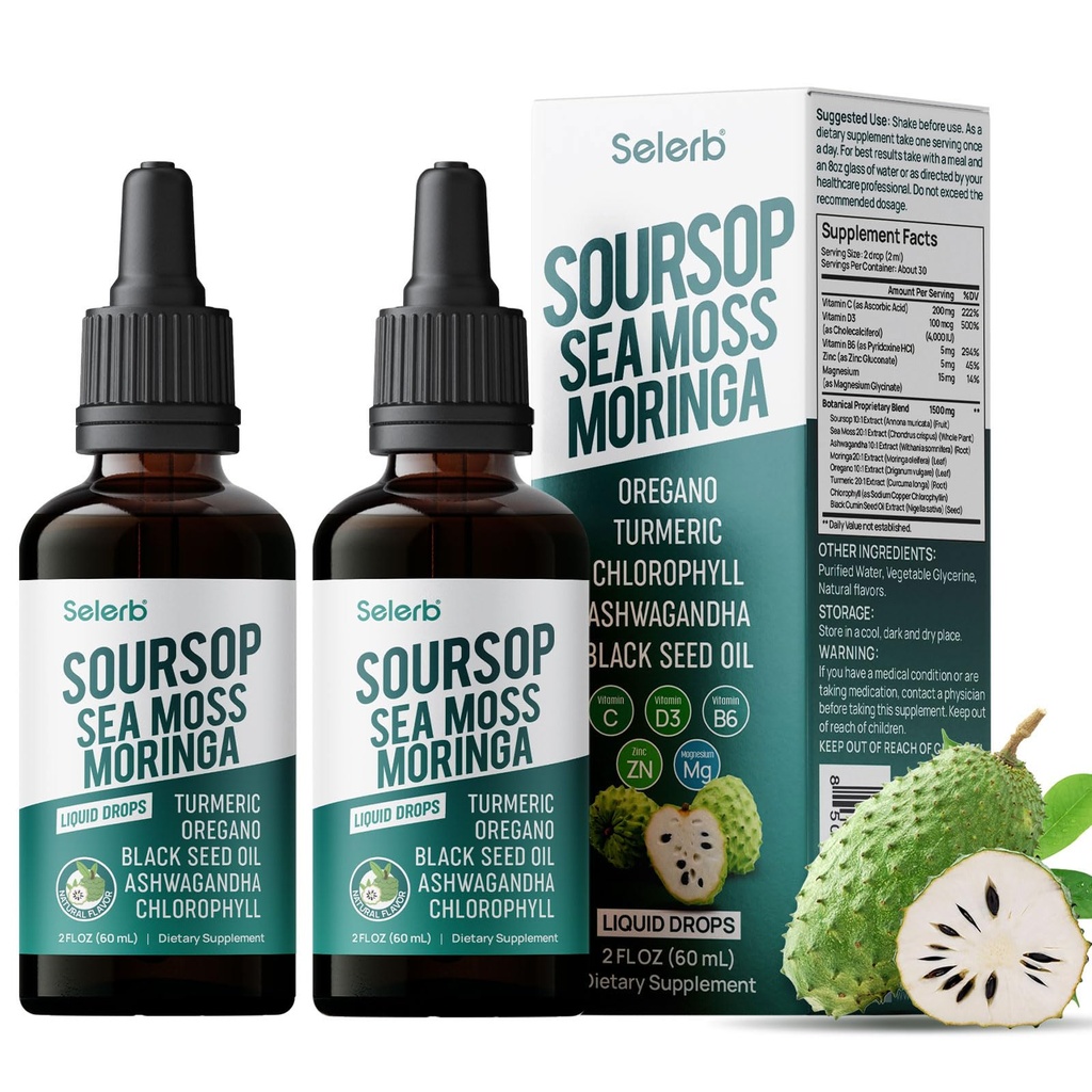 Soursop Bitters Liquid Soursop Drops with Sea Moss, Moringa, Turmeric, Black Seed Oil, Oregano, Ashwagandha & Chlorophyll High Absorption for Gut & Digestive Health, Immune & Antioxidant | 2 Pack
