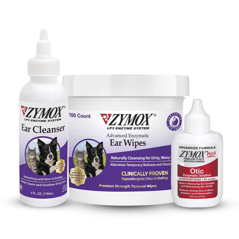 Zymox Enzymatic Ear Wipes, Ear Cleanser, & Otic Plus Ear Solution for Dogs and Cats - Product Bundle - for Dirty, Waxy, Smelly Ears and to Soothe Ear Infections
