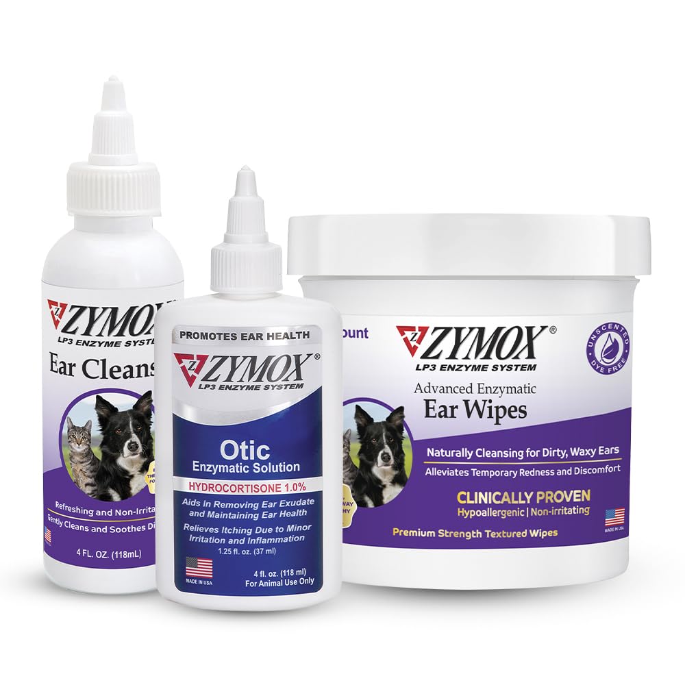 Zymox Enzymatic Ear Wipes, Ear Cleanser, & Otic Ear Solution for Dogs and Cats - Product Bundle - for Dirty, Waxy, Smelly Ears and to Soothe Ear Infections, 100 ct, 4 oz and 4 oz