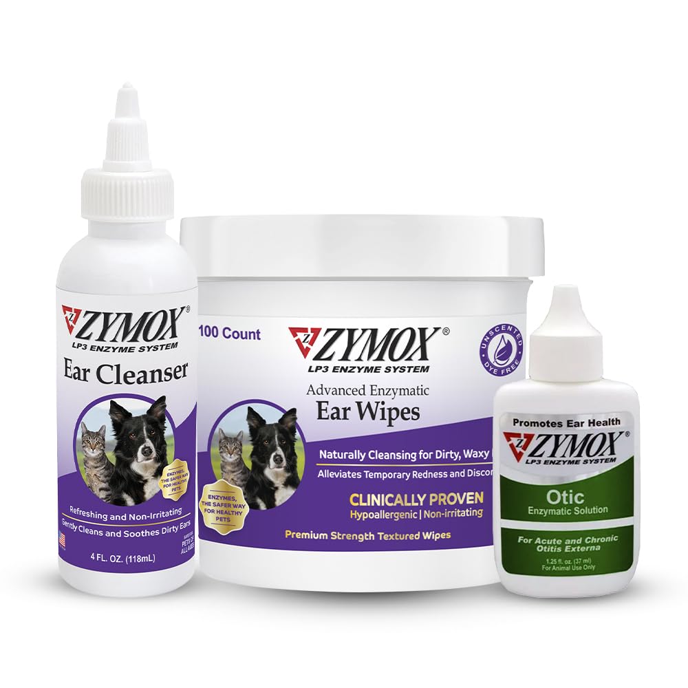 Zymox Enzymatic Ear Wipes, Ear Cleanser, & Otic Ear Solution for Dogs and Cats - Product Bundle - for Dirty, Waxy, Smelly Ears and to Soothe Ear Infections, 100 ct, 4 oz and 1.25 oz