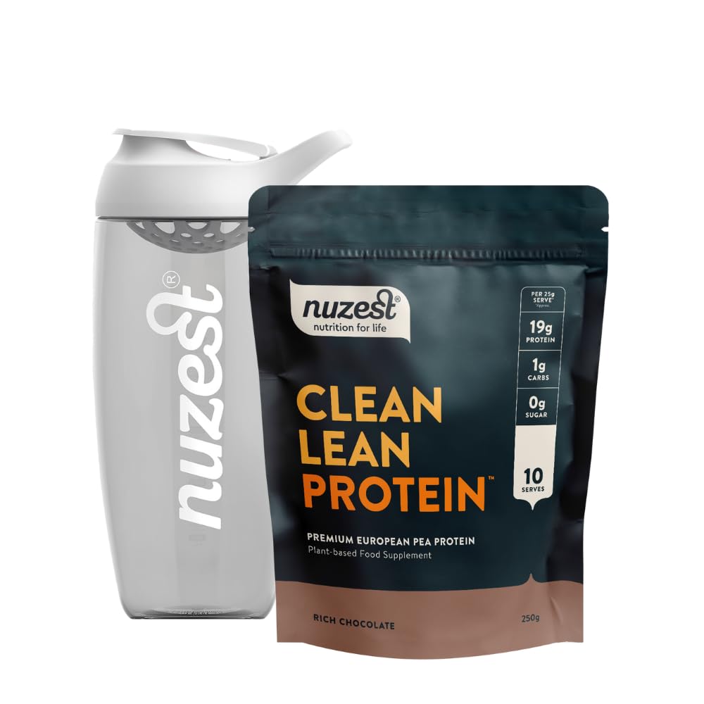 Nuzest Vegan Pea Protein Powder - Clean Lean Protein 8.8 Ounces, Rich Chocolate Flavour + Sports Shaker Bottle 24oz