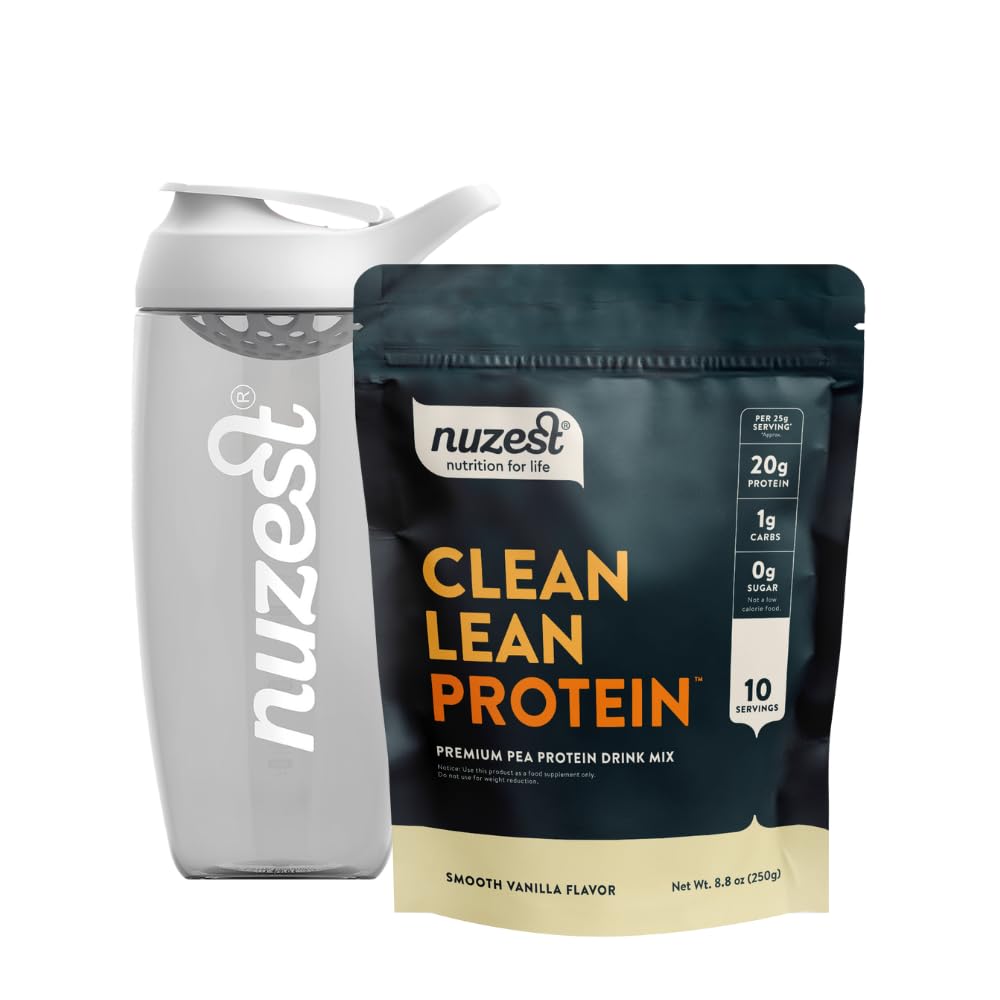 Nuzest Vegan Pea Protein Powder - Smooth Vanilla Flavor, 8.8 oz + 24 oz Sports Shaker