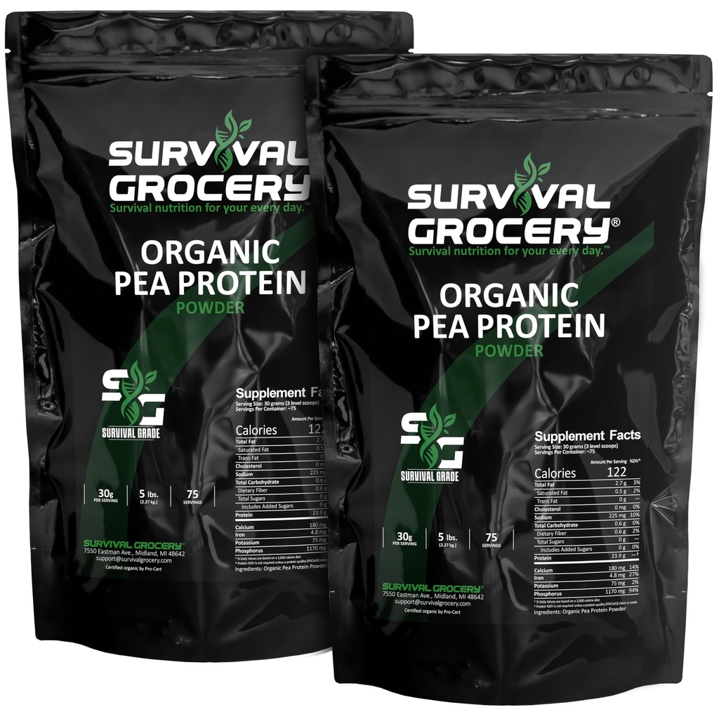 Survival Grocery® Organic Pea Protein - Organic, Non-GMO, North American Grown & Produced, Gluten Free, Vegan, Survival Grade Protective Bulk Bags with Long Shelf Life (10 lbs./2 Bags.)