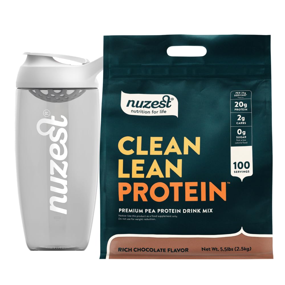 Nuzest Vegan Pea Protein Powder - Clean Lean Protein 100 Servings 20g Protein, Rich Chocolate Protein Shake Mix + Sports Shaker Bottle 24oz