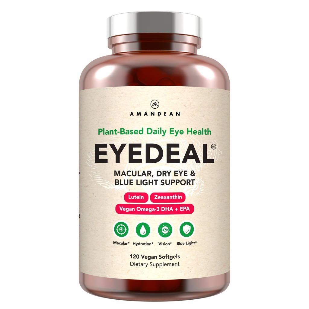 AMANDEAN EYEDEAL® Eye Vitamins with Lutein & Zeaxanthin - Vegan Algal Omega-3 DHA EPA Eye Health Supplement, Daily Vision Support for Adults, 10mg Lutein, 2mg Zeaxanthin, 300mg DHA, 120 Softgels