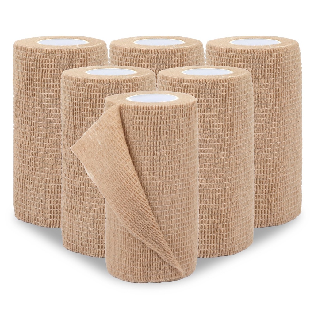BEVTEE Self Adhesive Bandage Wrap 6 Pack, 4" X 5 Yards Elastic Coban Wrap, Compression Non-Woven Sports Athletic Tape for Wrist, Ankle, Hand, Leg, Swelling, Vet, Grip Tape