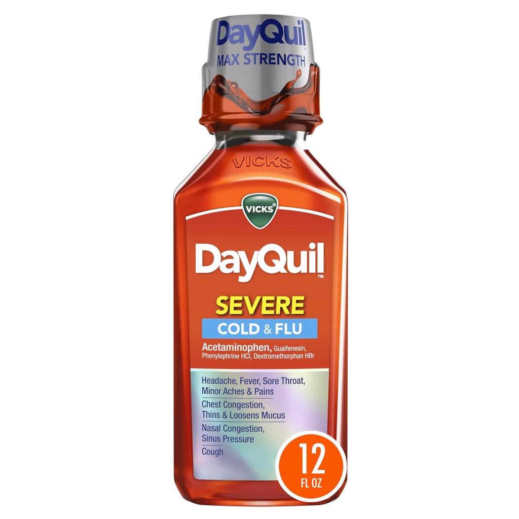 Vicks DayQuil SEVERE Cold & Flu Relief Liquid Medicine, Maximum Strength 9-Symptom Non-Drowsy Daytime Relief for Headache, Fever, Sore Throat, Minor Aches and Pains, Chest Congestion, Stuffy Nose, Nasal Congestion, Sinus Pressure, and Cough, 12 FL OZ
