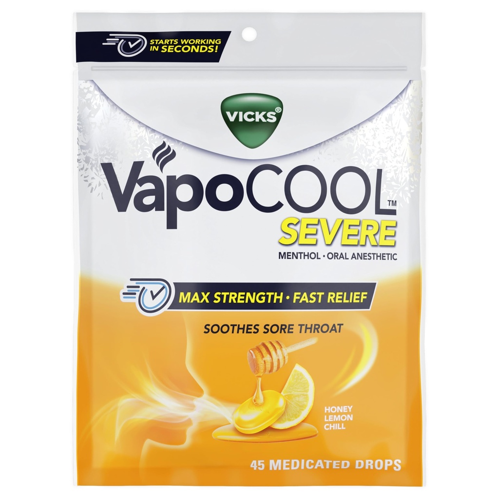 Vicks VapoCool Severe Medicated Sore Throat Drops, Max Strength Menthol, Soothes Sore Throat Pain, Honey Lemon Flavor, 45ct