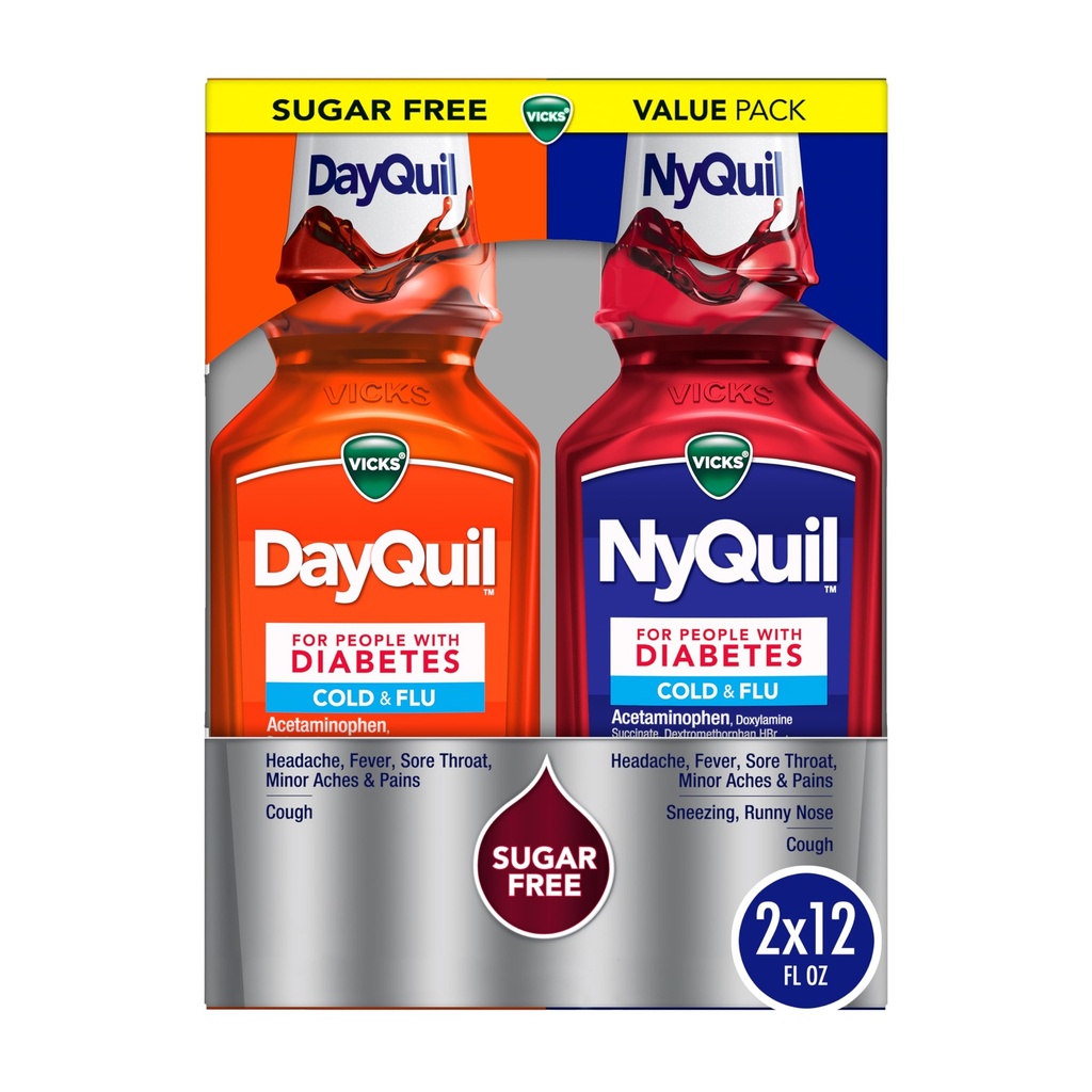 VICKS DayQuil & NyQuil Diabetes Cold & Flu Relief Medicine Co-Pack, Powerful Multi-Symptom Daytime & Nighttime Relief for Cold, Cough, and Flu Symptoms, Sugar & Alcohol Free, 2 x 12 FL OZ Bottles