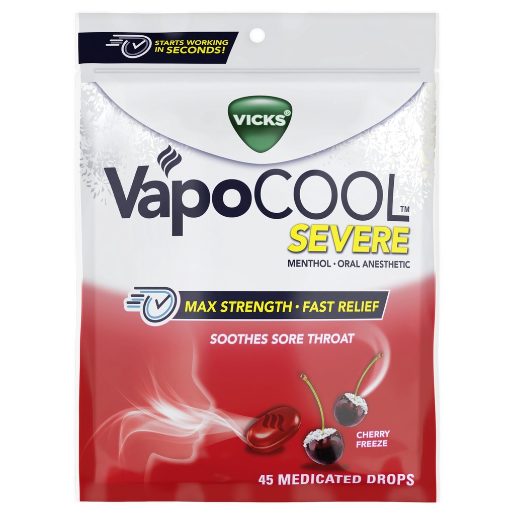 Vicks VapoCool Severe Medicated Sore Throat Drops, Max Strength Menthol, Soothes Sore Throat Pain, Cherry Flavor, 45ct