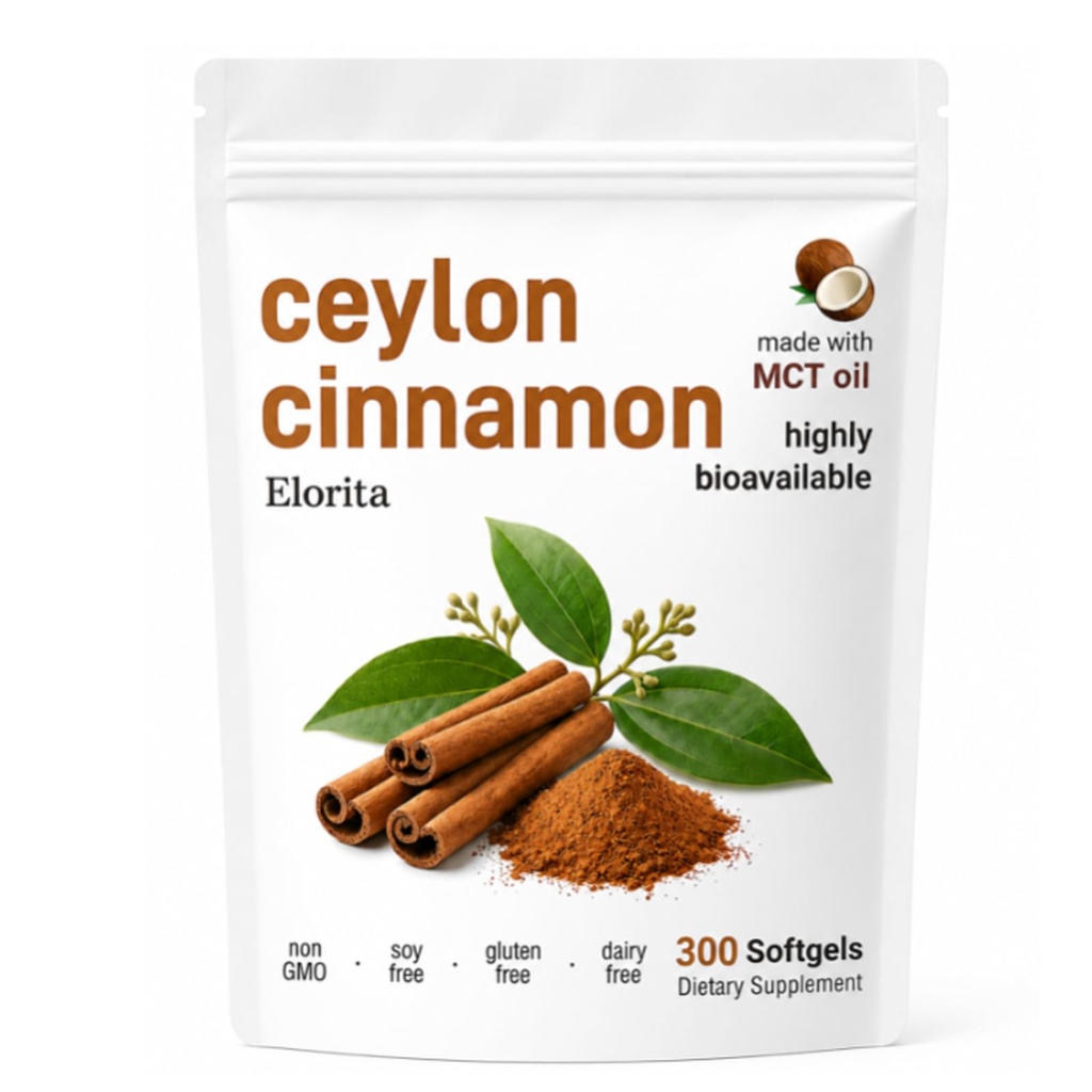 Elorita Ceylon Cinnamon Soft Gels with MCT Oil, 12:1 High Potency Ceylon Cinnamon Extract, Herbal Supplements, Gluten Free, 300 Softgels