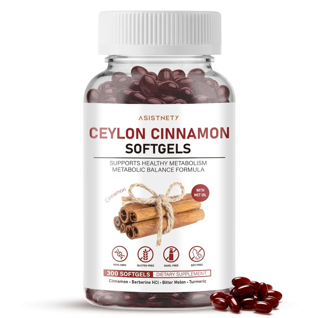 Ceylon Cinnamon Softgels with MCT Oil, True Sri Lanka Ceylon Cinnamon Capsules 1000mg with Berberine HCl, Bitter Melon & Turmeric, Blood Sugar & Metabolism Support, Non-GMO, Gluten, 300 Softgels
