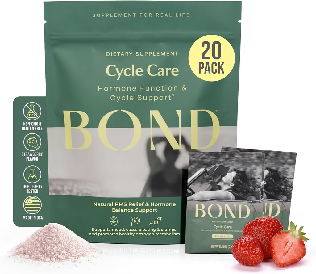 BOND Cycle Care – PMS Support Supplement & Hormone Balance for Women – Cortisol Reducer with Ashwagandha, L-Tryptophan, Magnesium, Cramps & Mood Relief, Drawberry Drink Mix - 20 Travel Packs