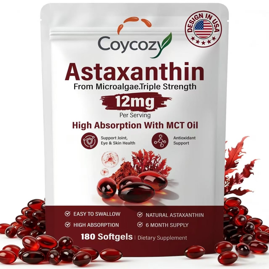 Astaxanthin 12mg Natural 180 Softgels Astaxanthin Supplement Antioxidant Support Eye Skin Health | Internal Circulation,6 Month Supply| Non-GMO,Gluten-Free,No Soy (180)