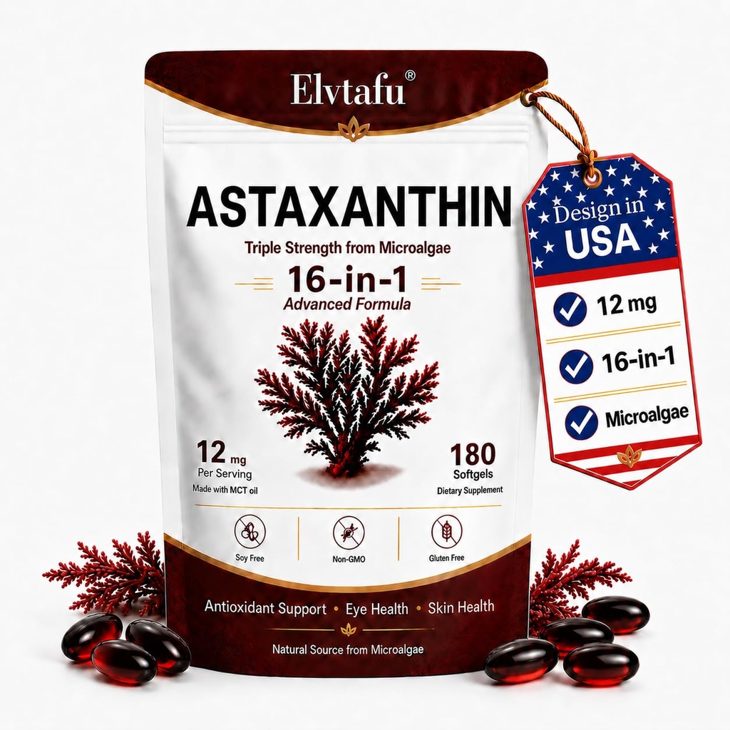 12mg Astaxanthin Supplements 16 in 1 Astaxanthin Softgels from Microalgae, Triple Strength Astaxantina Antioxidant Wellness Support, 180 Softgels