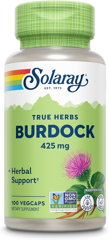 SOLARAY Burdock Root 425 mg - Υγιές ήπαρ, νεφρό, πέψη, κυκλοφορία, κοινή & δερματική υποστήριξη - Αντιοξειδωτική δράση - Μη ΓΤΟ - 100 VegCaps
