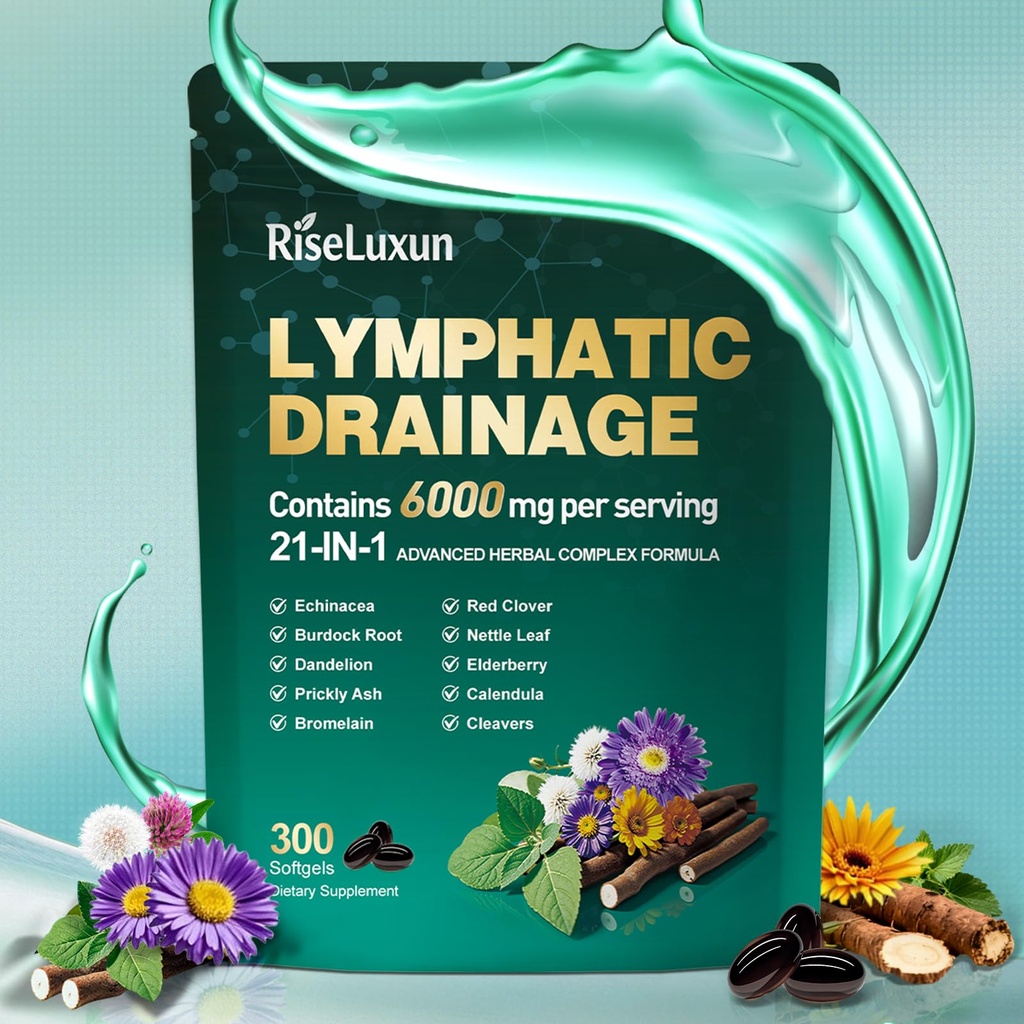 21-in-1 Liposomal Lymphatic Drainage Supplements Softgels, 100 Day Supply, 6000mg Lymph System Support for Women & Men with Echinacea, Dandelion, Burdock, Bromelain, Calendula, Turmeric & More, 1 Bag