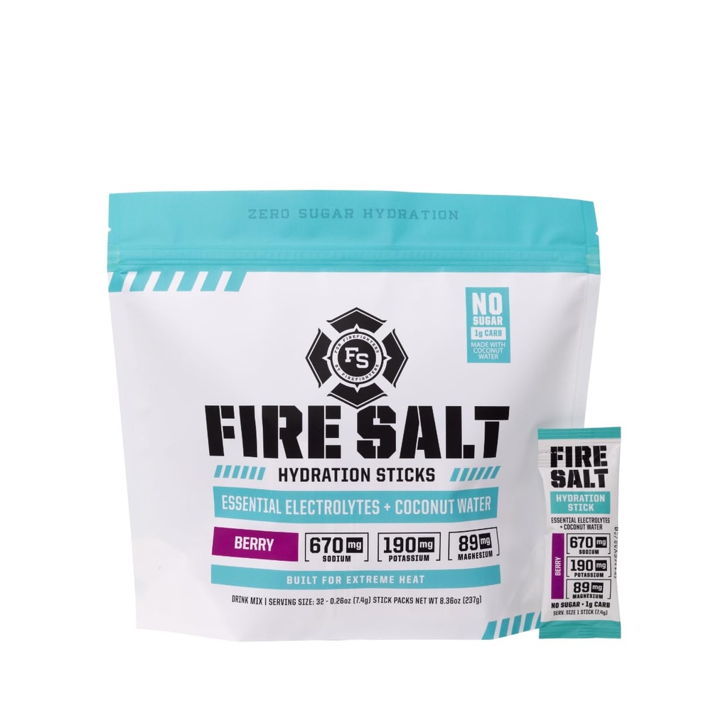 Fire Science Fire Salt Hydration Sticks, Electrolytes & Coconut Water, Hydration Drink Mix with Magnesium, Potassium & Sodium, Zero Sugar, Single Serve On The Go Packs, Berry Flavor, 32 Count