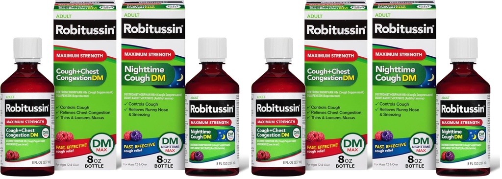 Robitussin DM Max Cough Plus Chest Congestion Maximum Strength Nighttime Cough DM, Adult Formulas - 2 x 8 Fl Oz Bottles (Pack of 2)