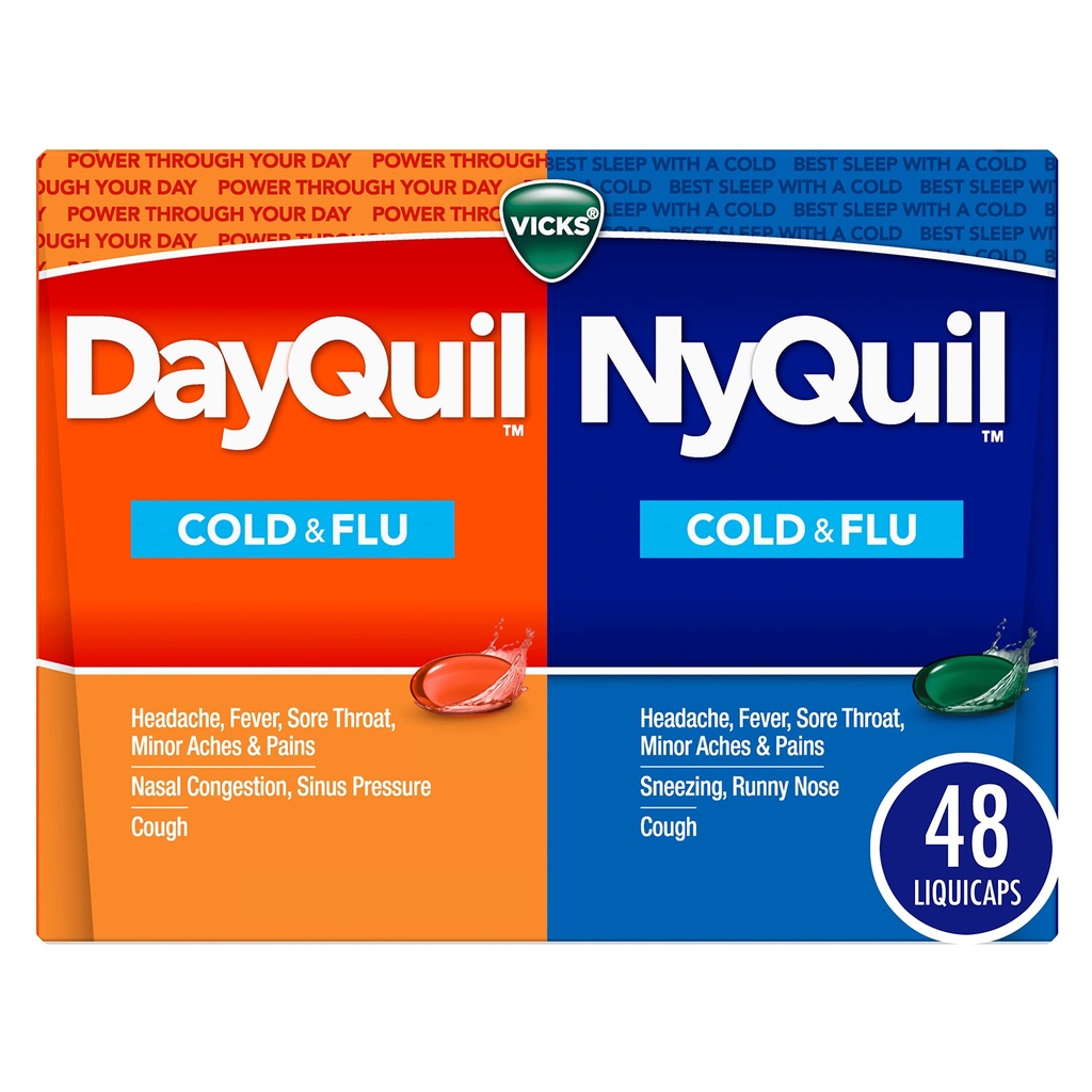 Vicks DayQuil and NyQuil Combo Pack, Cold & Flu Medicine, Powerful Multi-Symptom Daytime and Nighttime Relief For Headache, Fever, Sore Throat, Cough, 48 Count, 32 DayQuil and 16 NyQuil Liquicaps