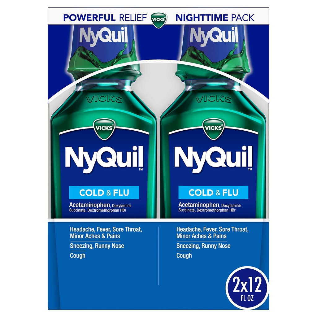Vick NyQuil Cough Cold and Flu Nighttime Relief, Original Liquid, 2x12 Fl Oz